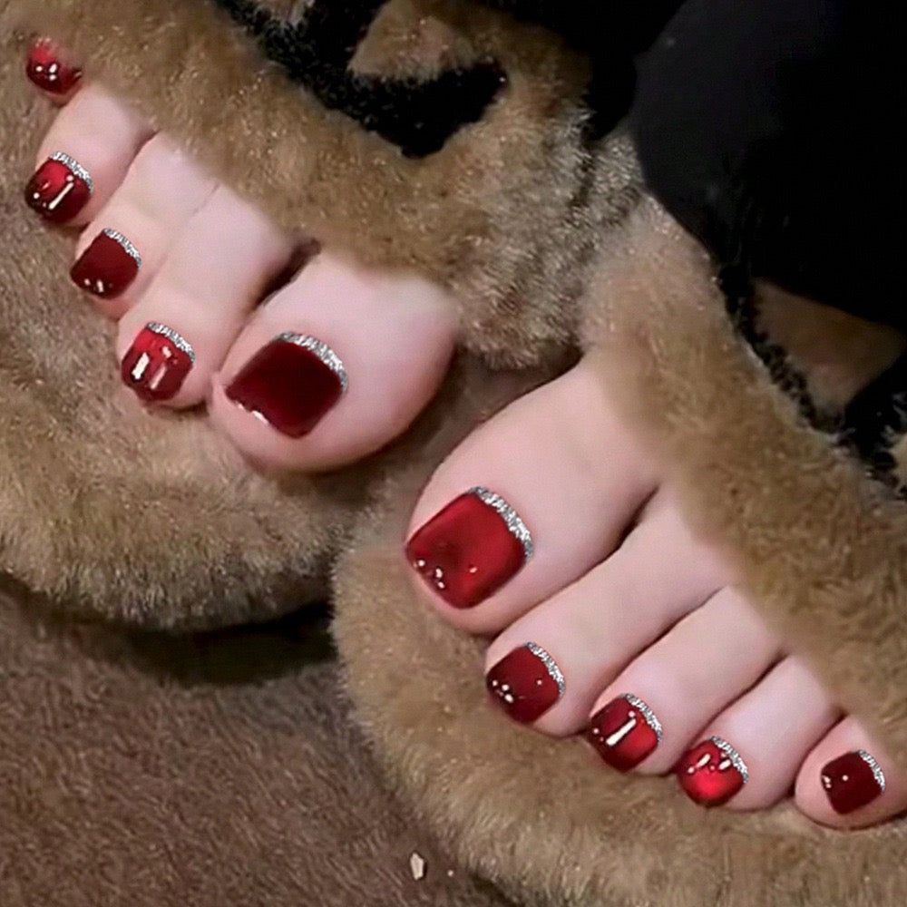 Red Glitter Cateye 24Pcs Toe Nails