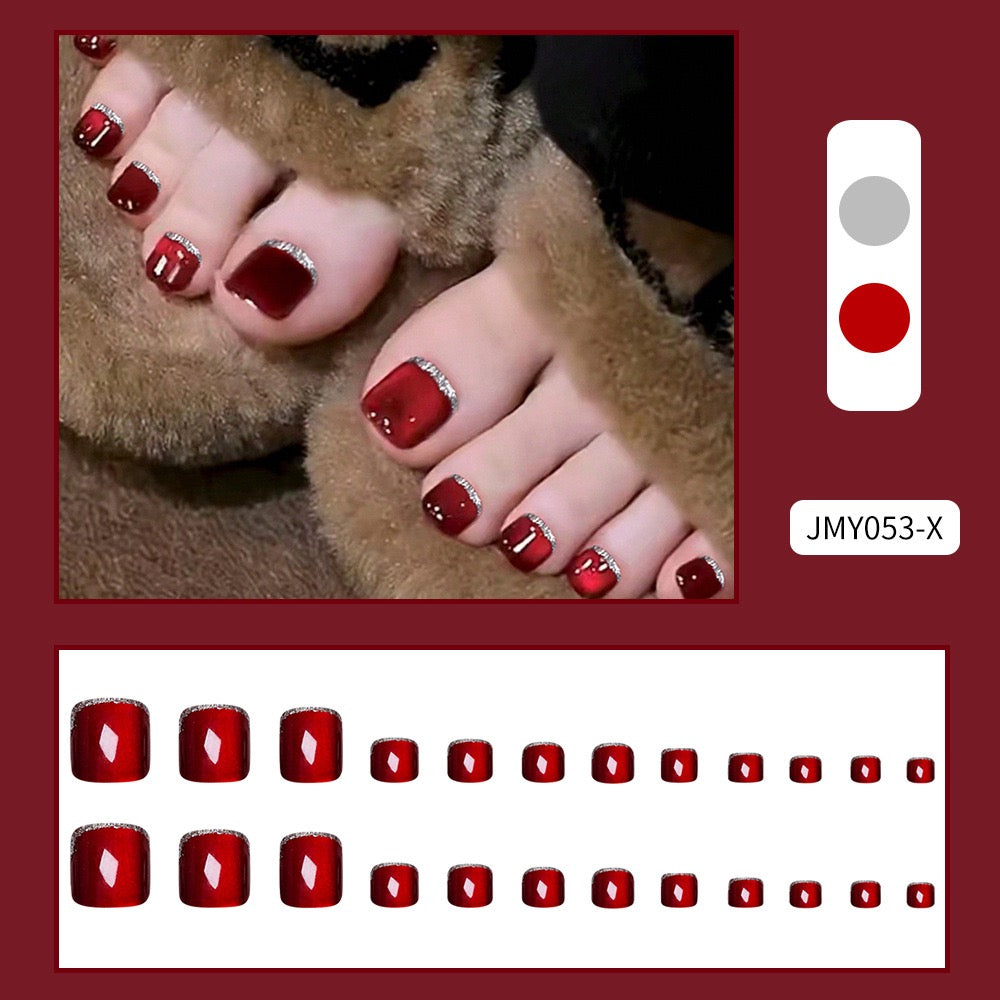 Red Glitter Cateye 24Pcs Toe Nails