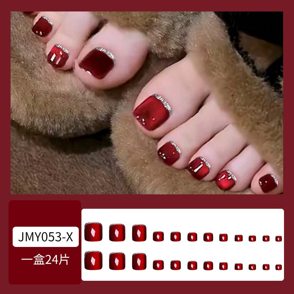Red Glitter Cateye 24Pcs Toe Nails