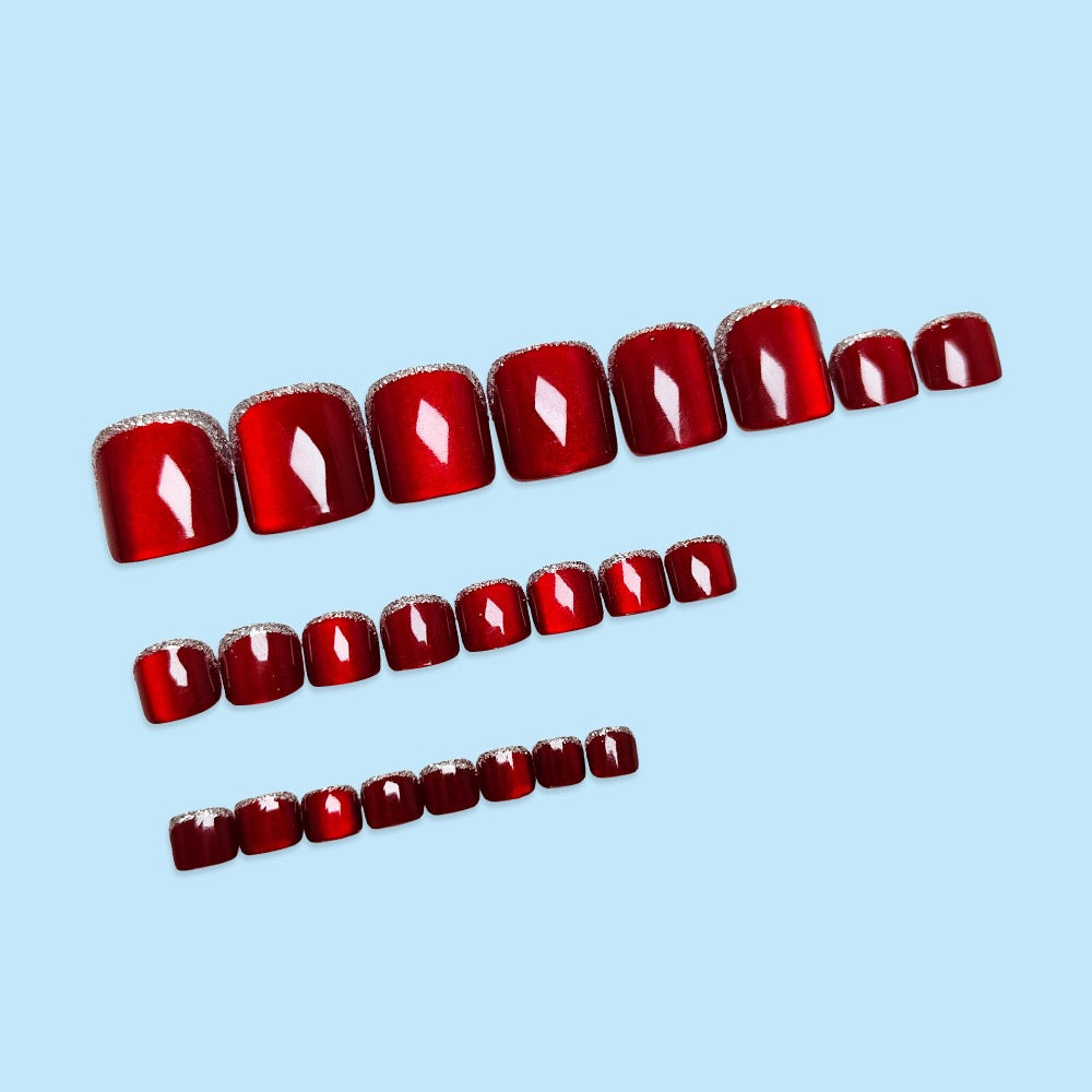 Red Glitter Cateye 24Pcs Toe Nails