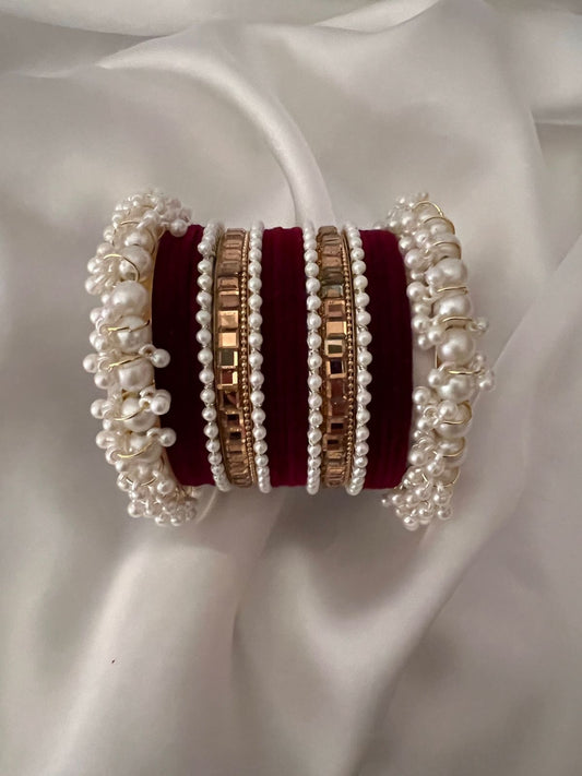 Mehroon Pearl Radiance Metal Bangle Set