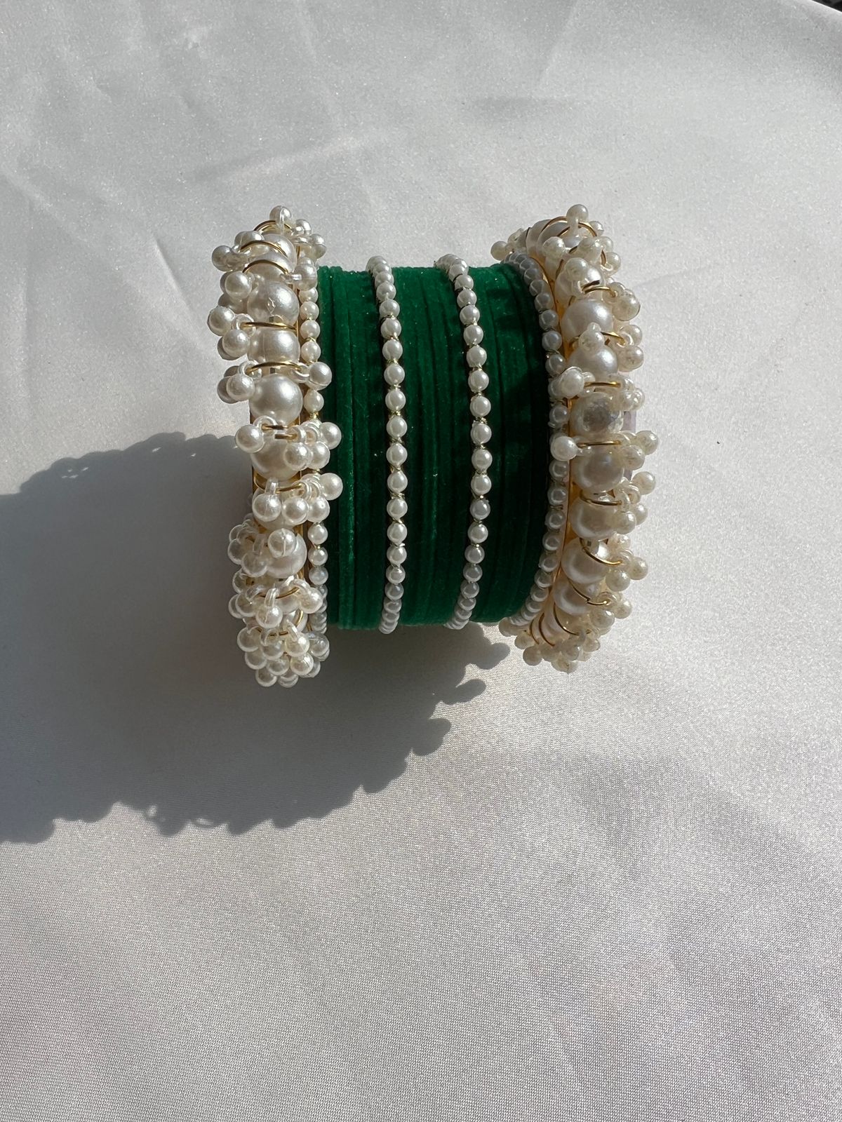 Emerald Green Pearl Radiance Metal Bangle Set