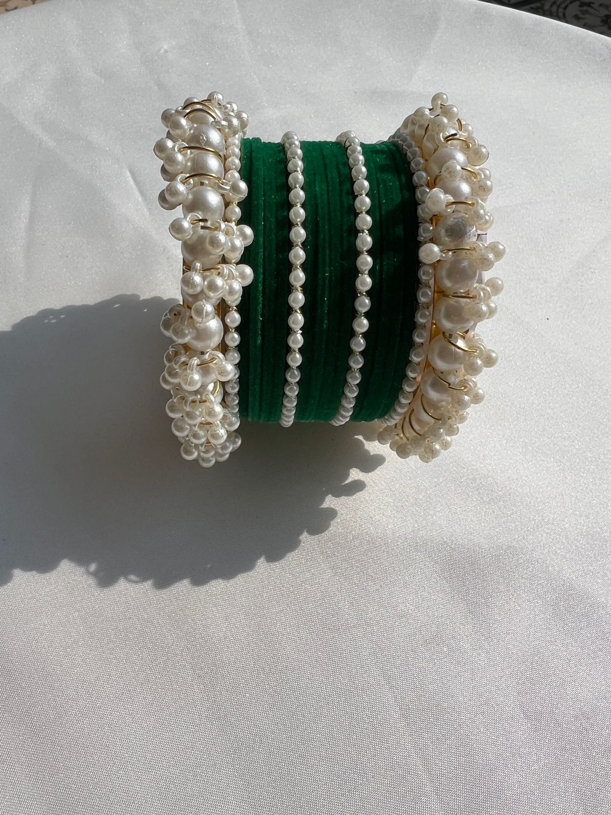 Emerald Green Pearl Radiance Metal Bangle Set