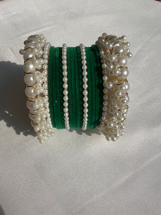 Emerald Green Pearl Radiance Metal Bangle Set