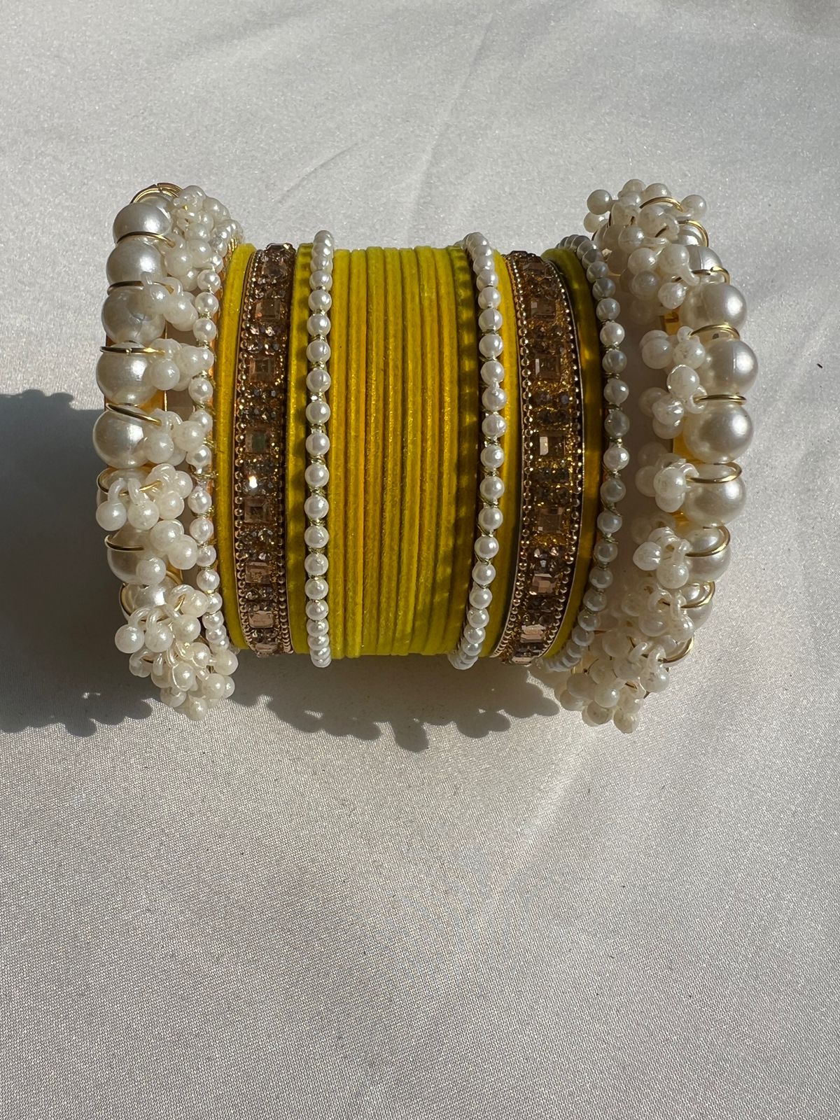 Yellow Pearl Radiance Metal Bangle Set