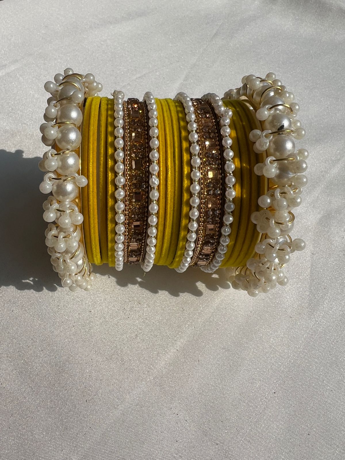 Yellow Pearl Radiance Metal Bangle Set