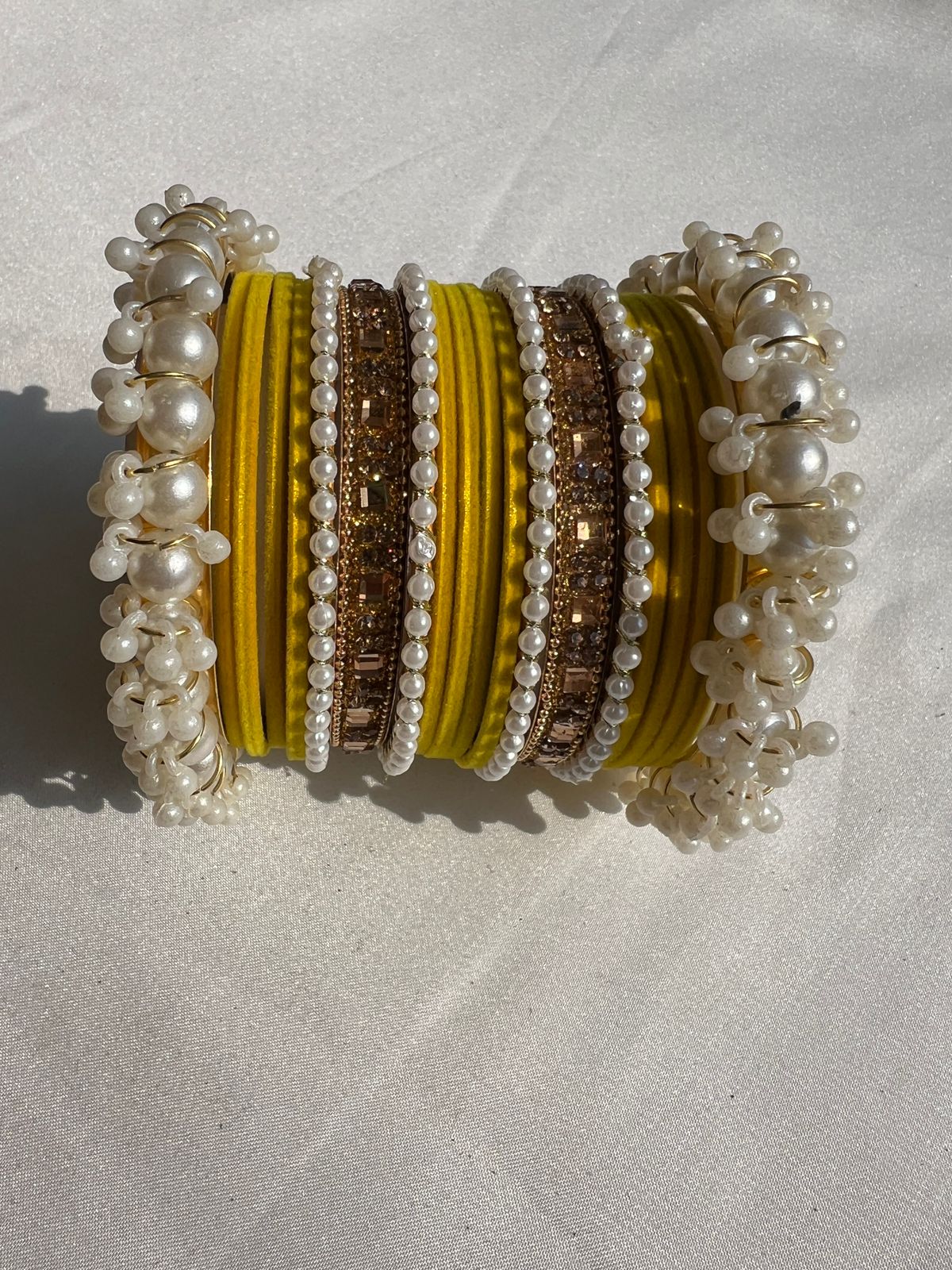 Yellow Pearl Radiance Metal Bangle Set