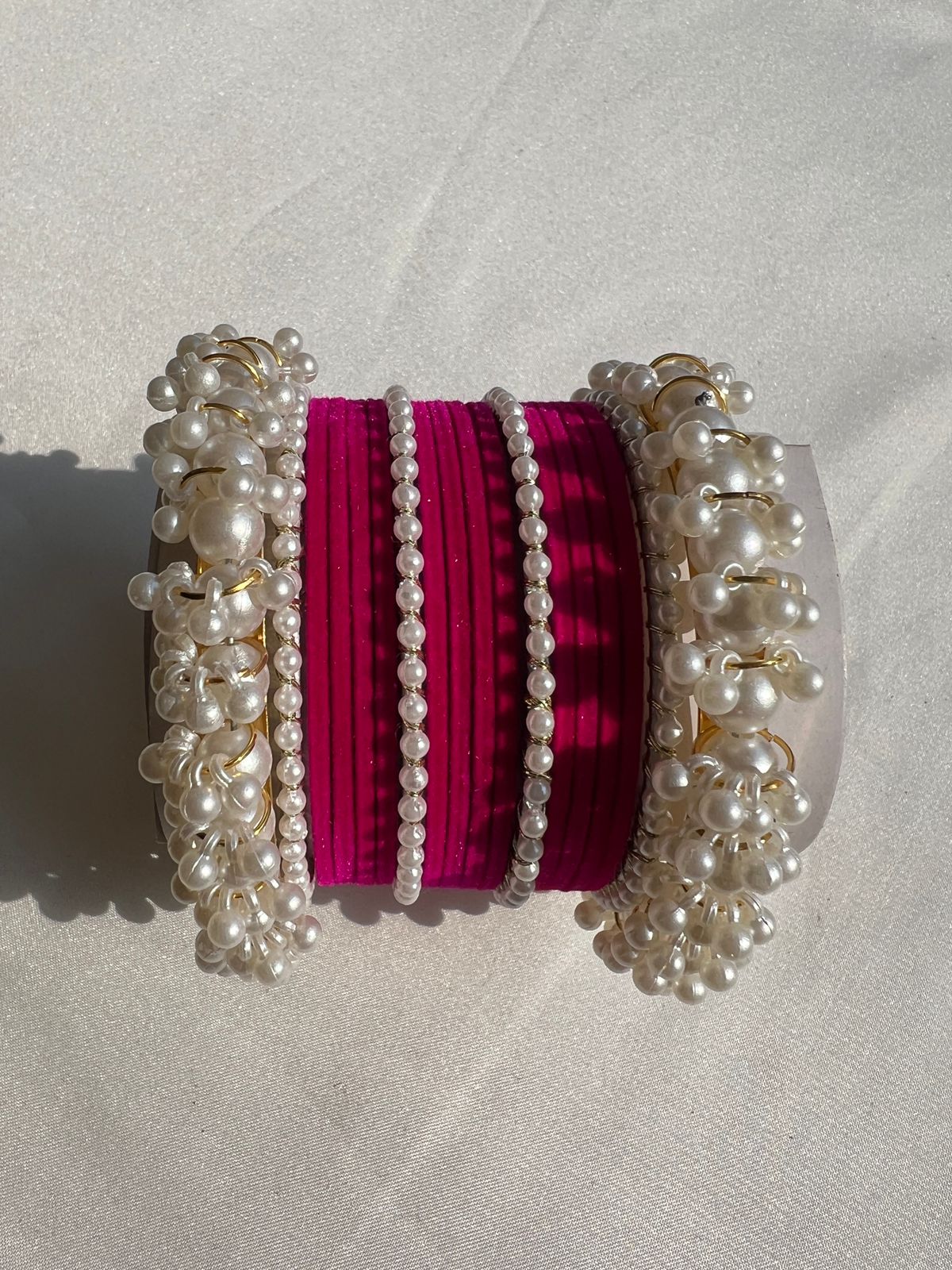 Dark Pink Pearl Radiance Metal Bangle Set