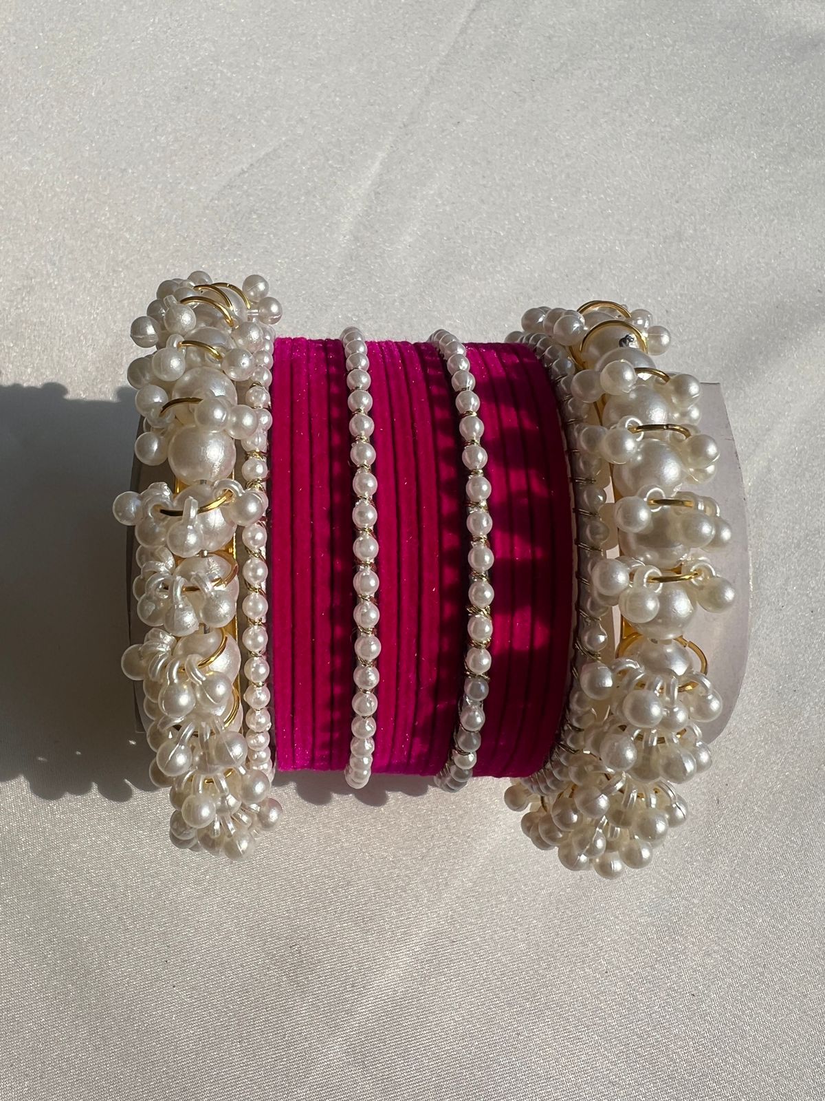 Dark Pink Pearl Radiance Metal Bangle Set