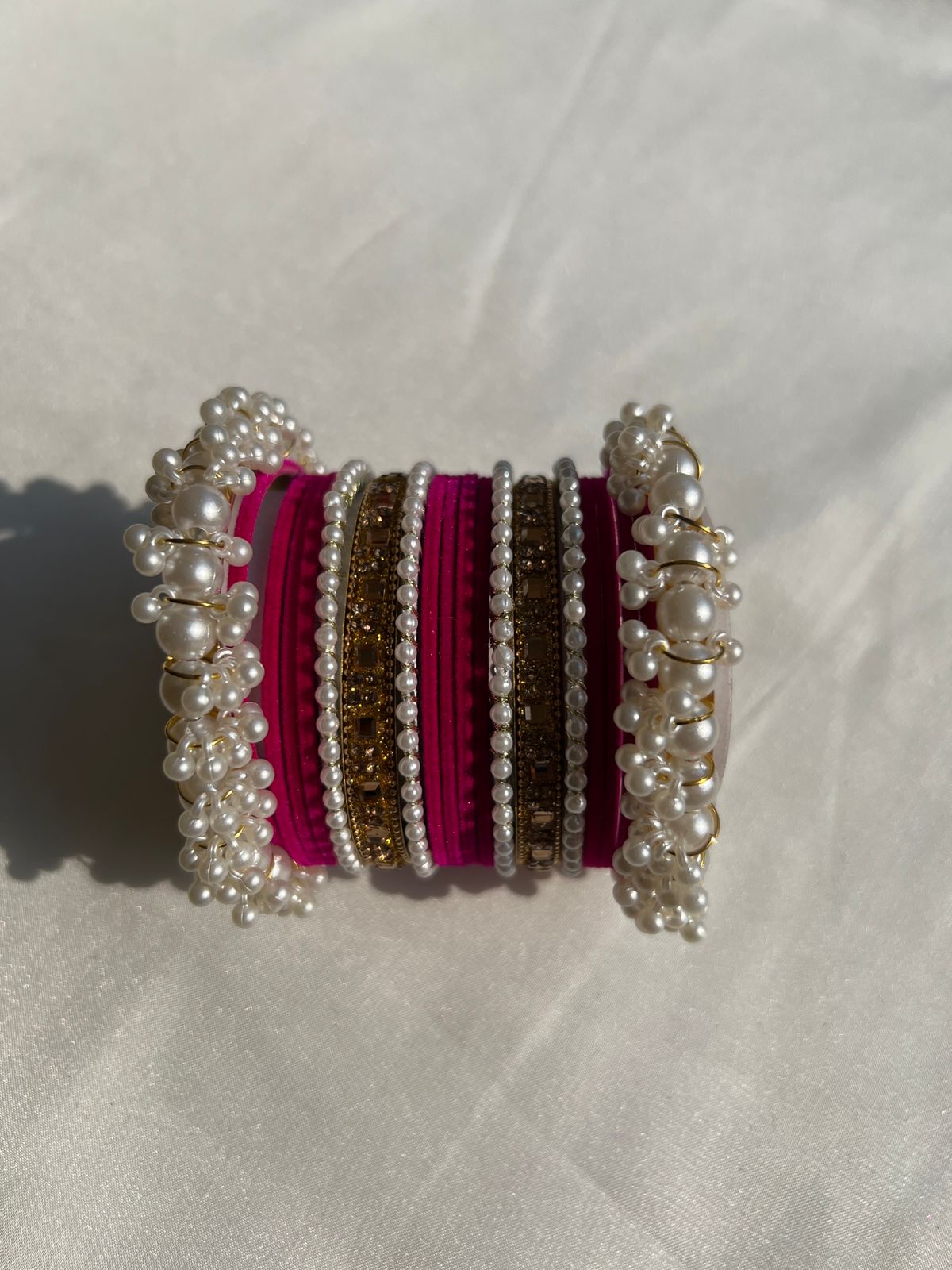 Dark Pink Pearl Radiance Metal Bangle Set