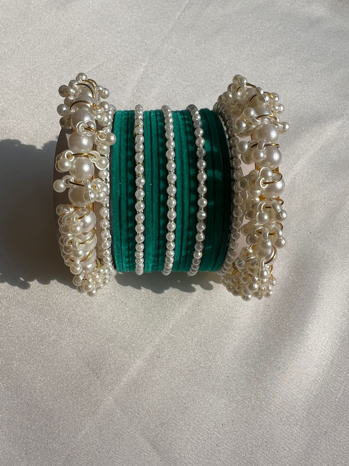 Sea Green Pearl Radiance Metal Bangle Set