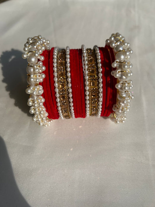 Red Pearl Radiance Metal Bangle Set