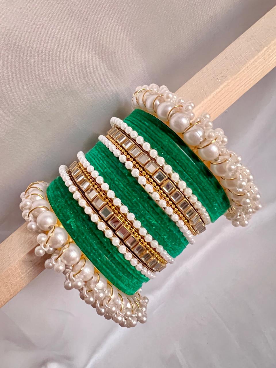 Emerald Green Pearl Radiance Metal Bangle Set