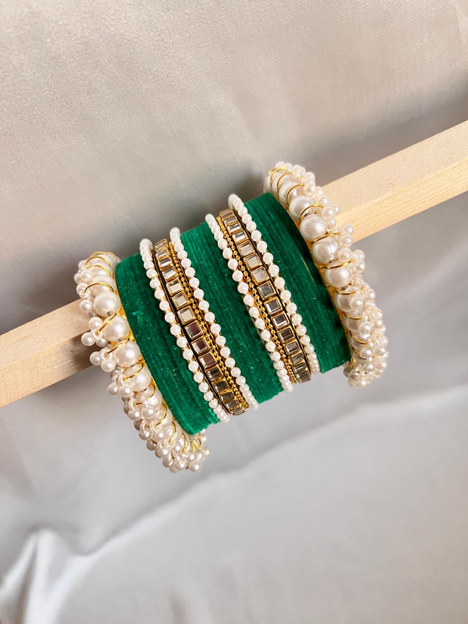 Emerald Green Pearl Radiance Metal Bangle Set