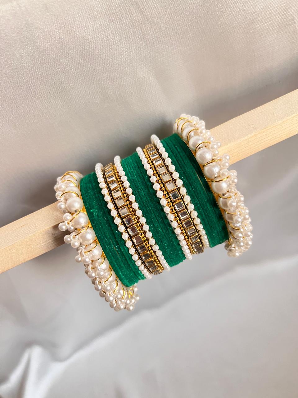 Emerald Green Pearl Radiance Metal Bangle Set