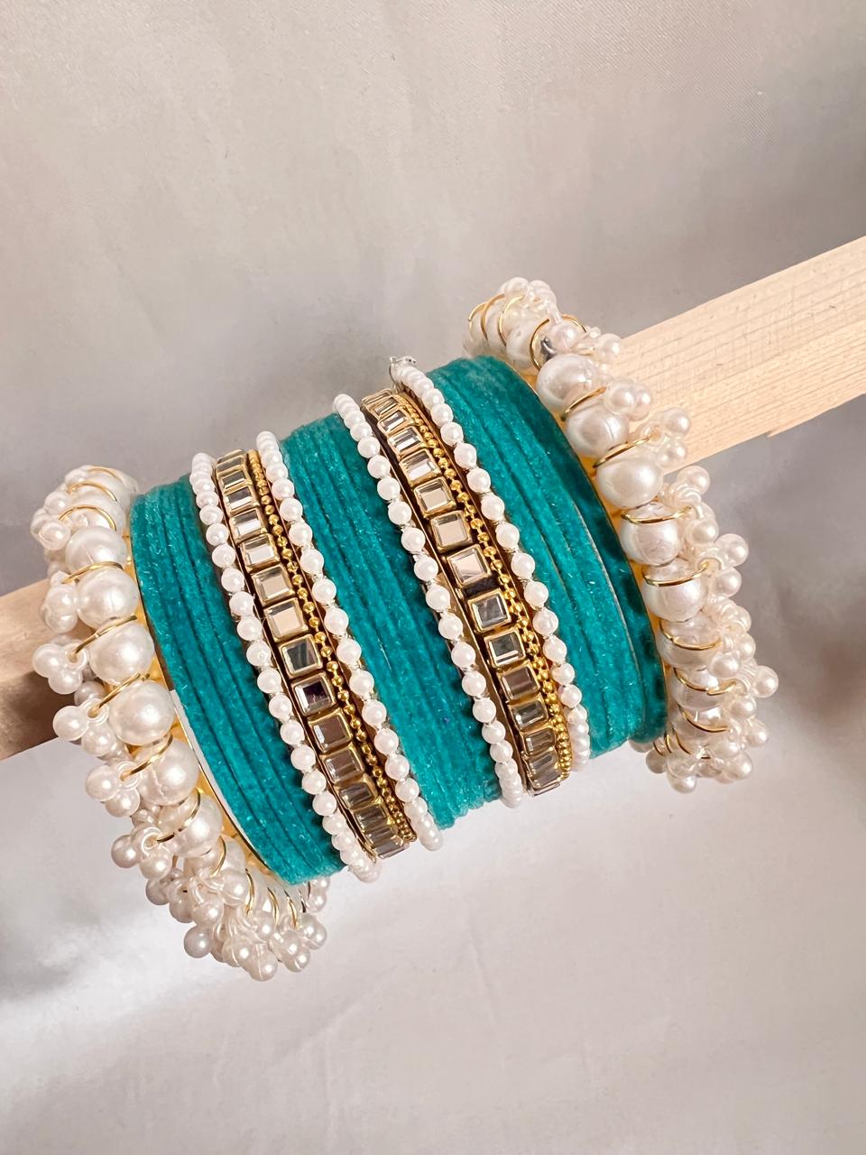 Sea Green Pearl Radiance Metal Bangle Set