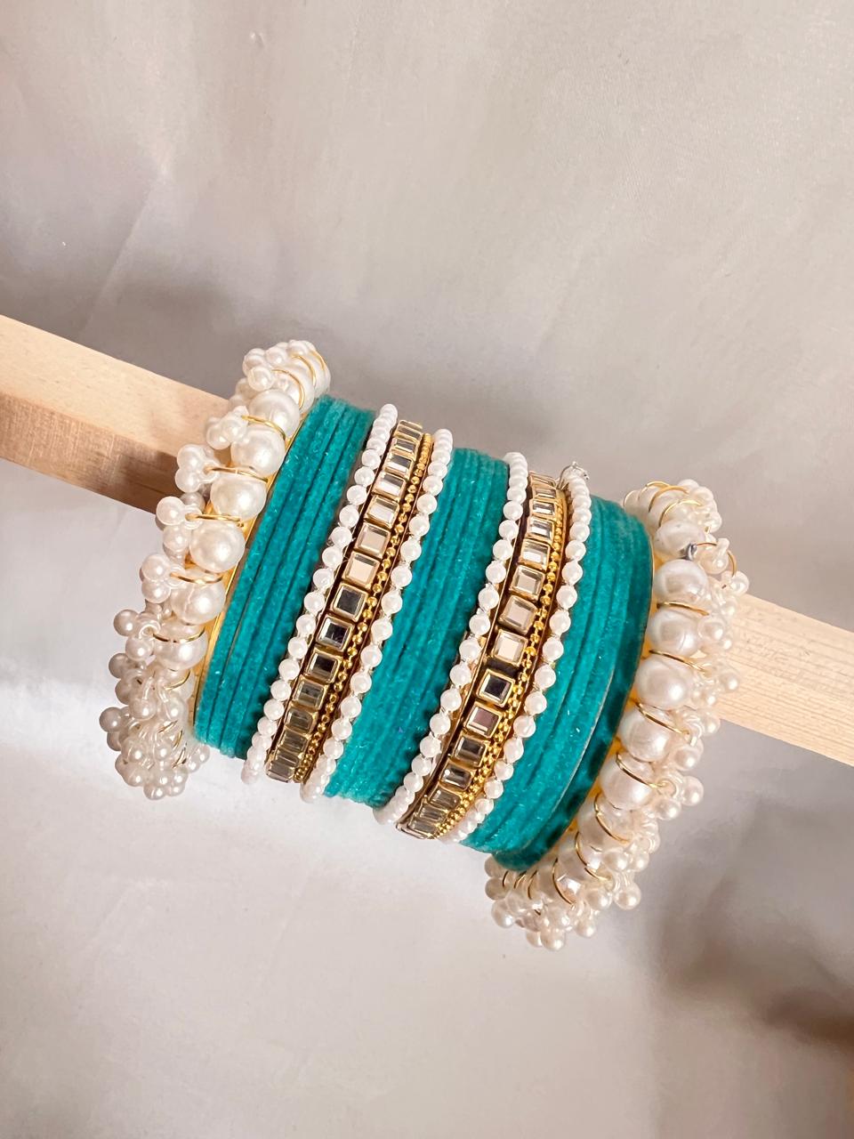 Sea Green Pearl Radiance Metal Bangle Set