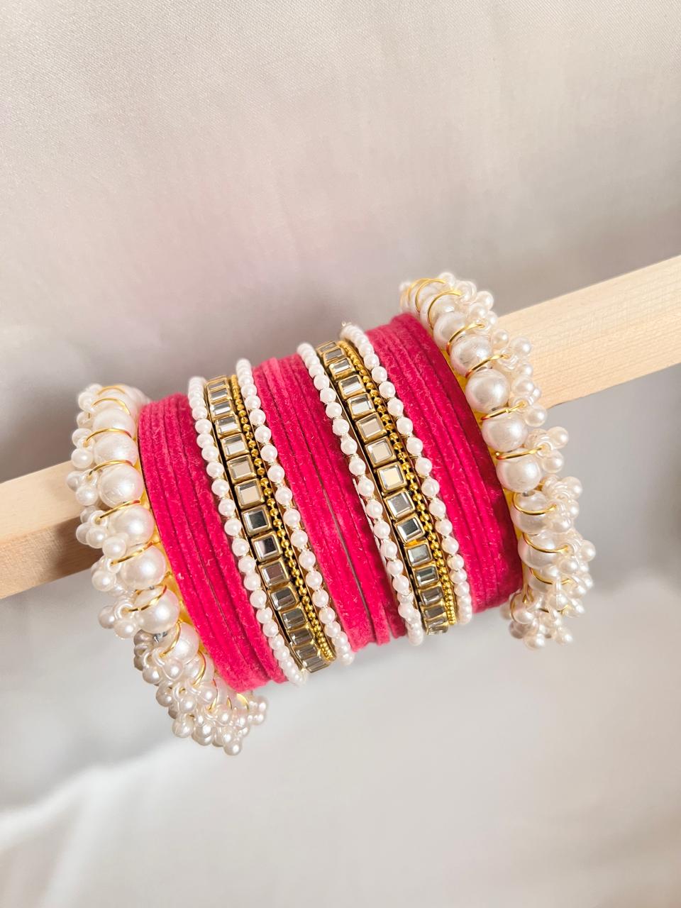 Dark Pink Pearl Radiance Metal Bangle Set