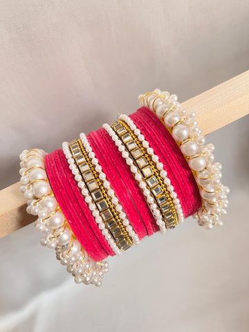 Dark Pink Pearl Radiance Metal Bangle Set