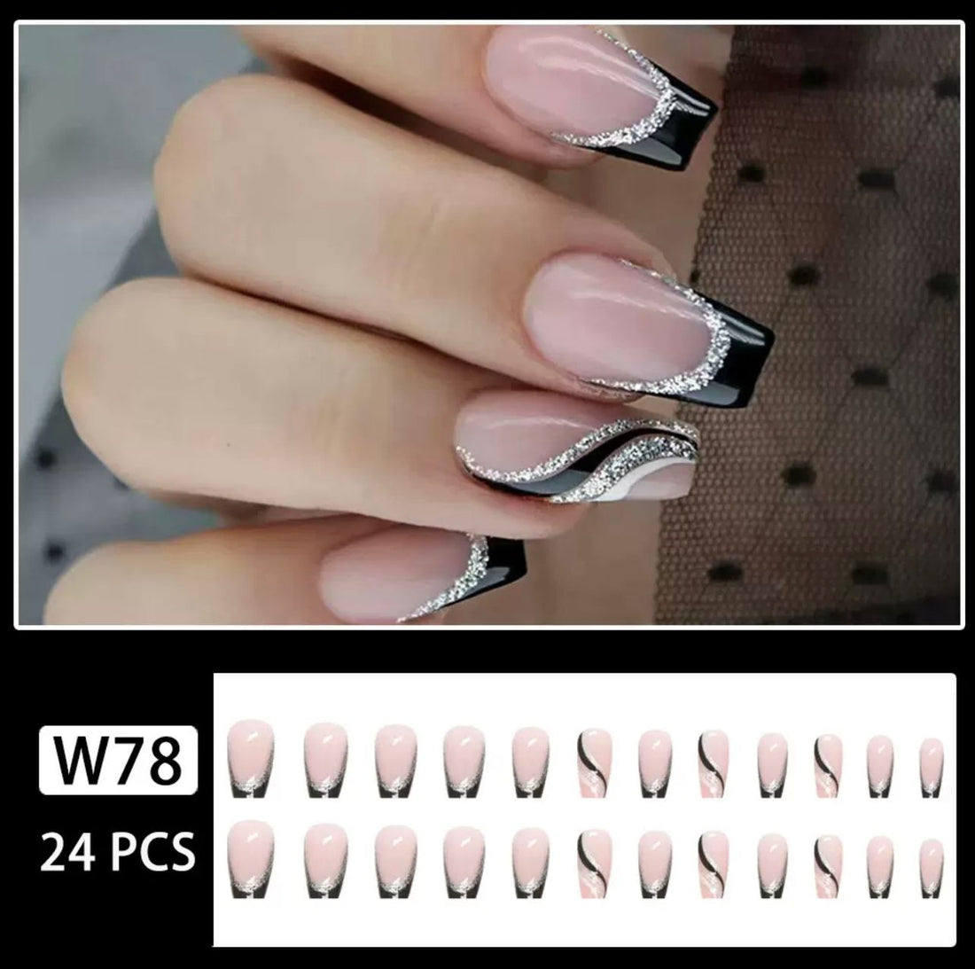 Glossy Black 24Pcs Nails Set