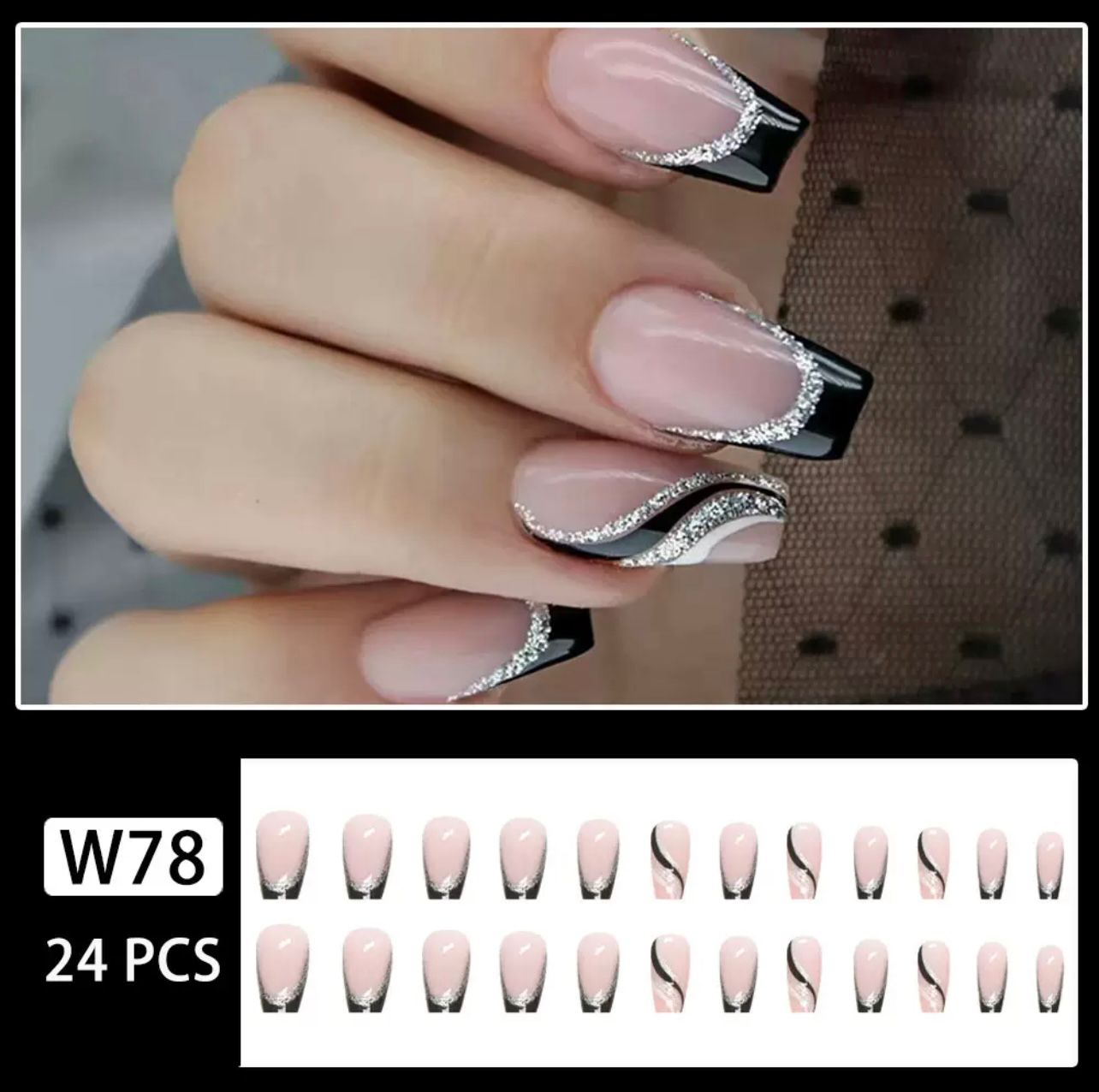 Glossy Black 24Pcs Nails Set