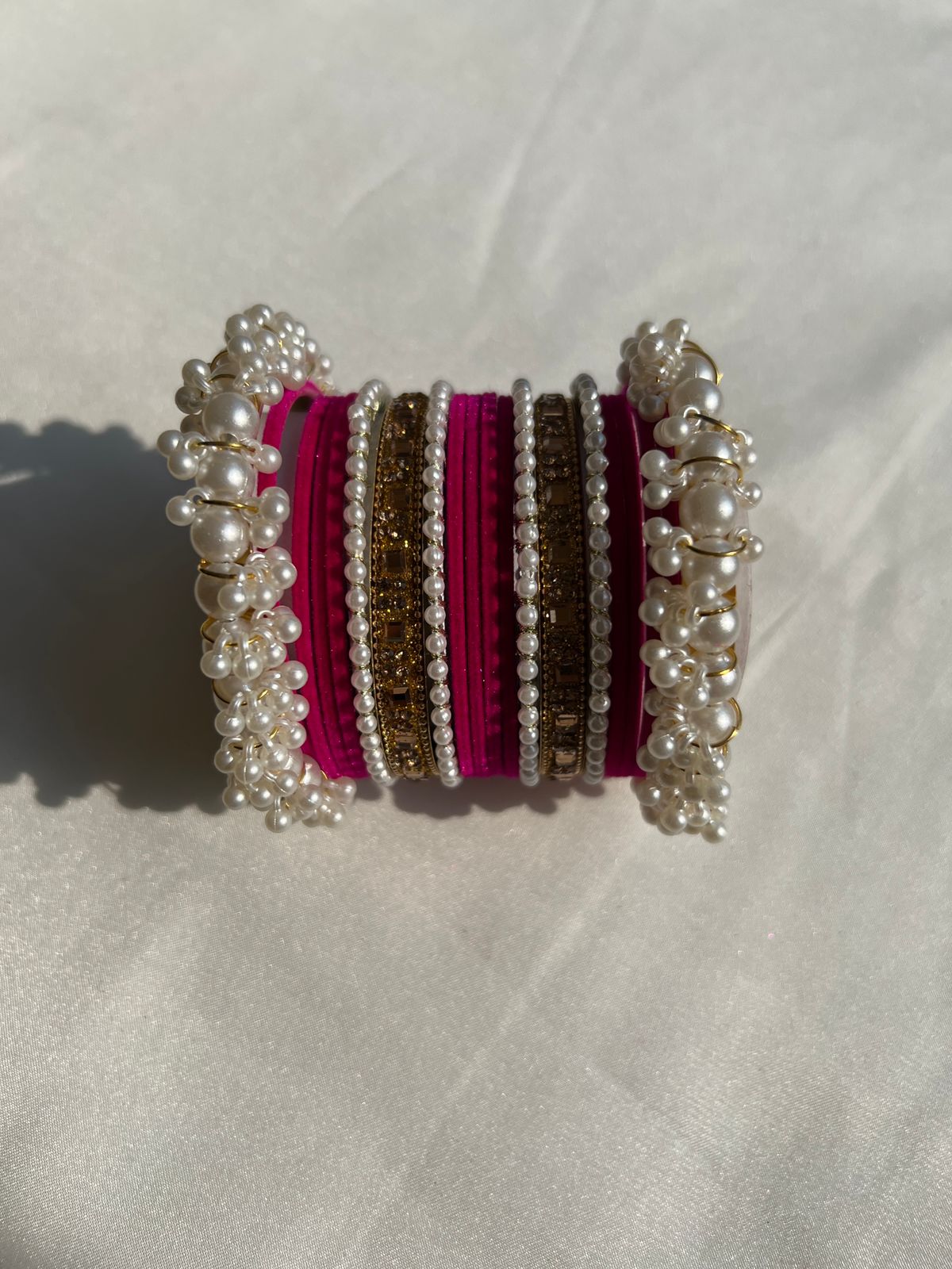 Dark Pink Pearl Radiance Metal Bangle Set