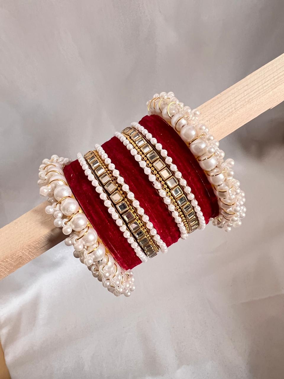 Mehroon Pearl Radiance Metal Bangle Set