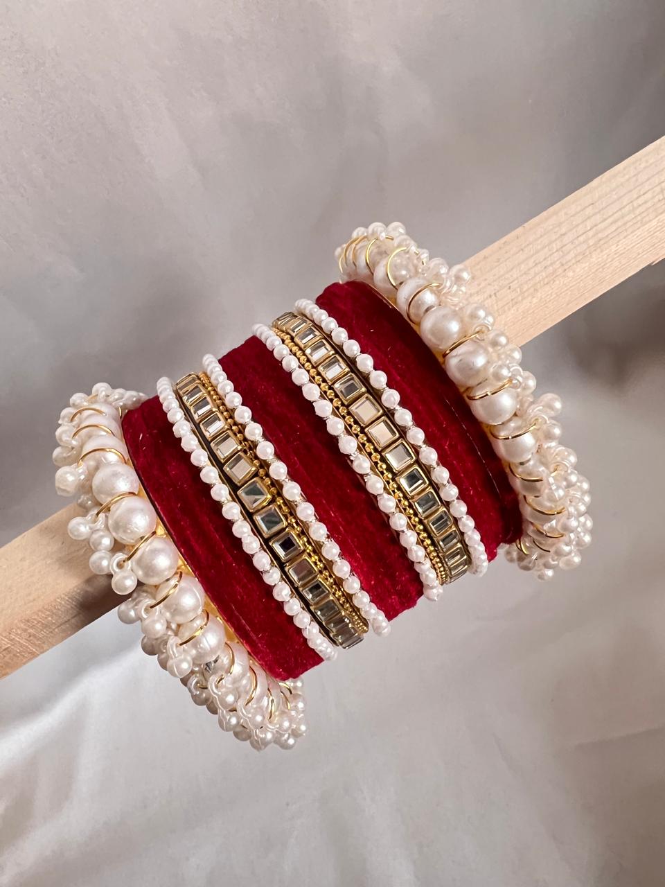 Mehroon Pearl Radiance Metal Bangle Set