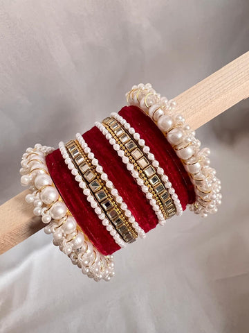 Mehroon Pearl Radiance Metal Bangle Set