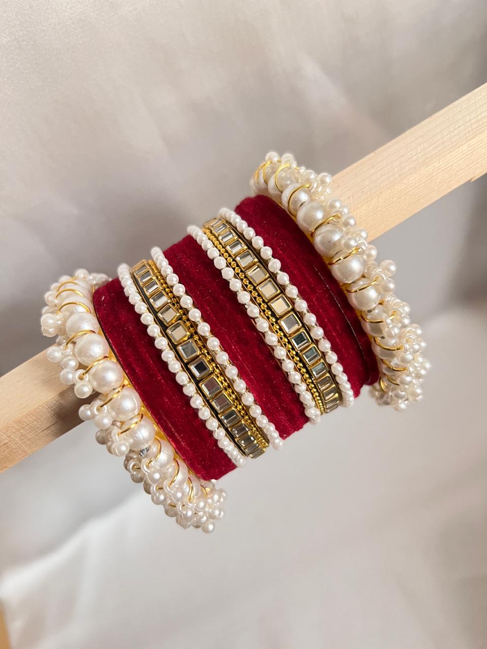 Mehroon Pearl Radiance Metal Bangle Set