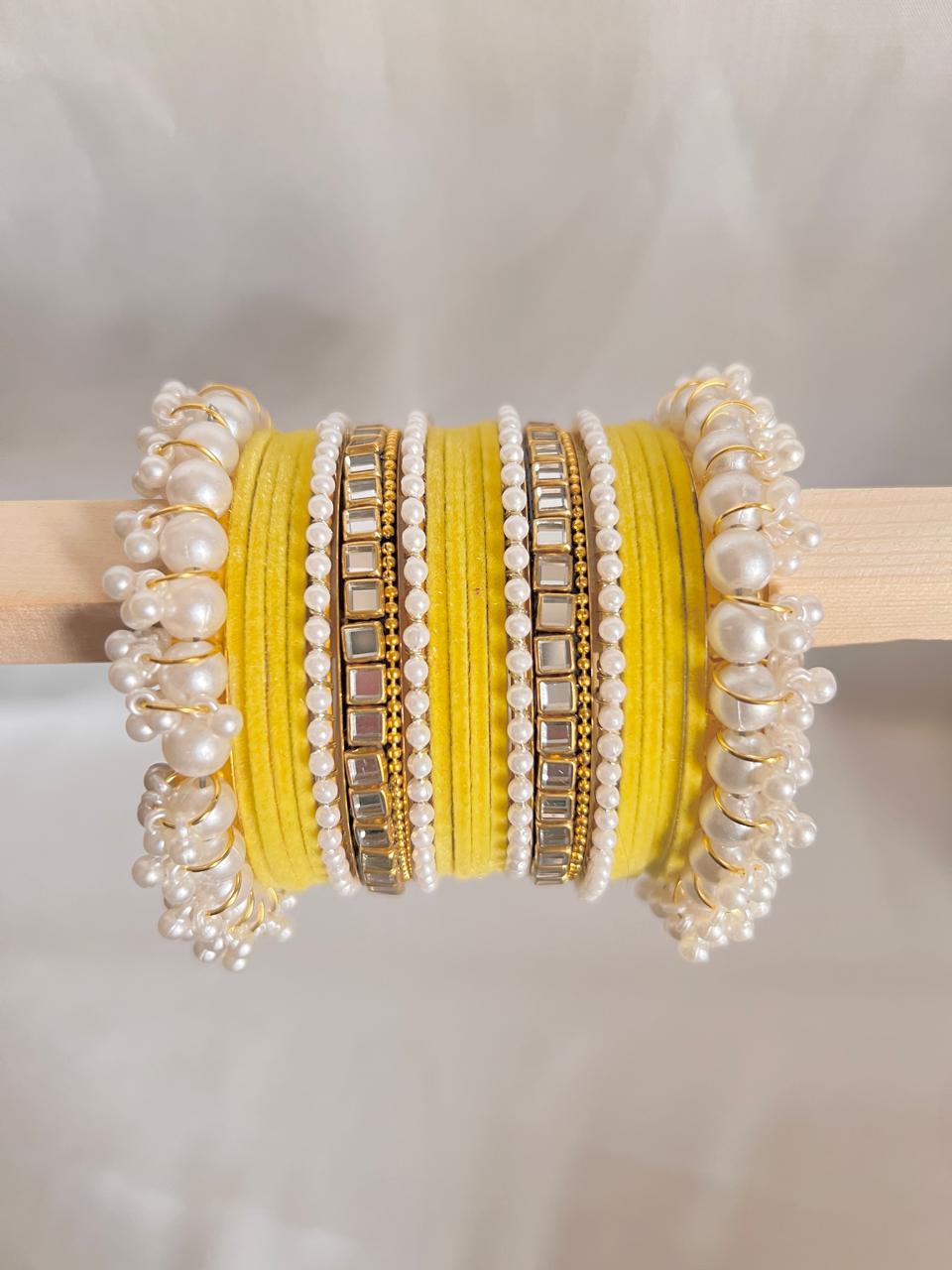 Yellow Pearl Radiance Metal Bangle Set
