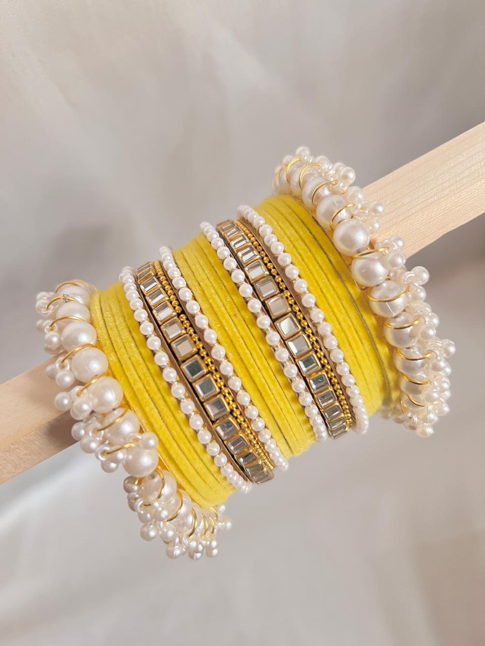 Yellow Pearl Radiance Metal Bangle Set