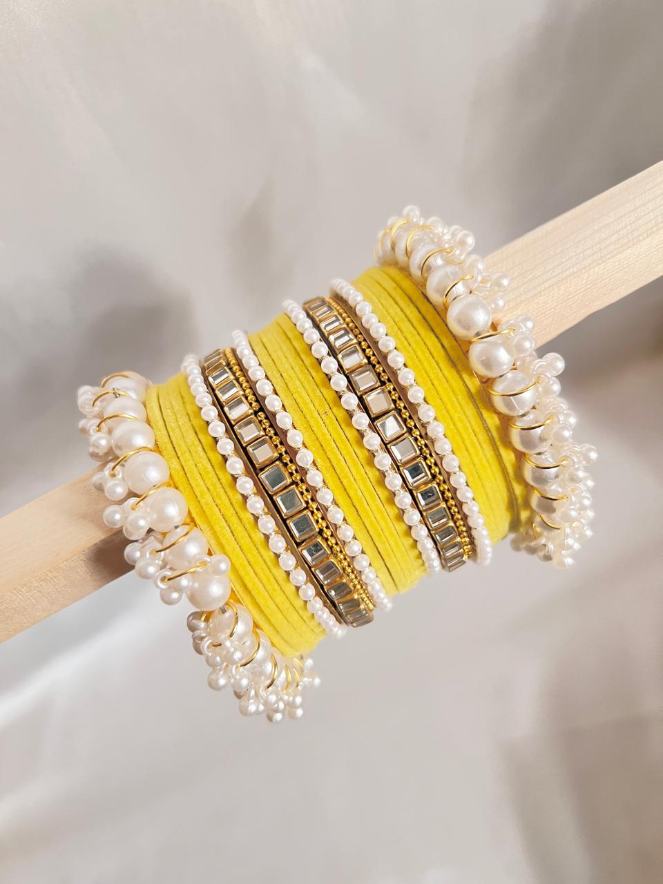 Yellow Pearl Radiance Metal Bangle Set