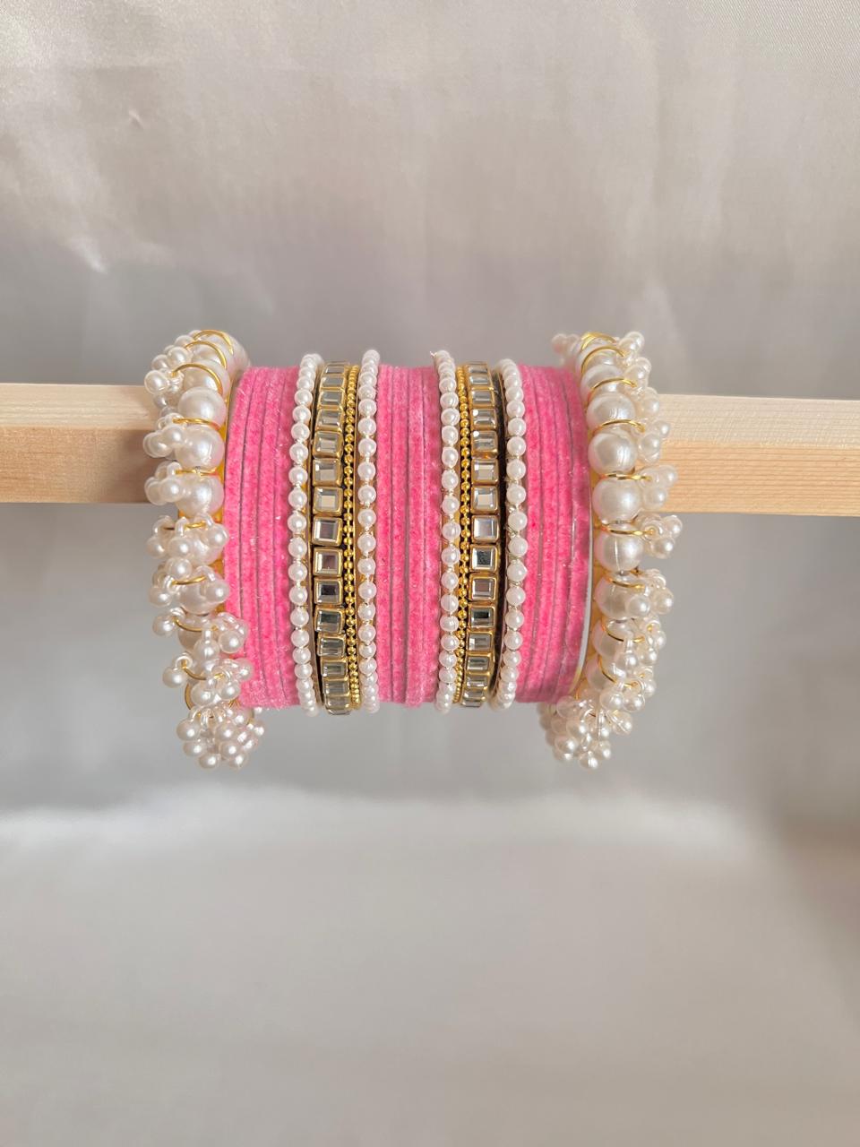 Light Pink Pearl Radiance Metal Bangle Set