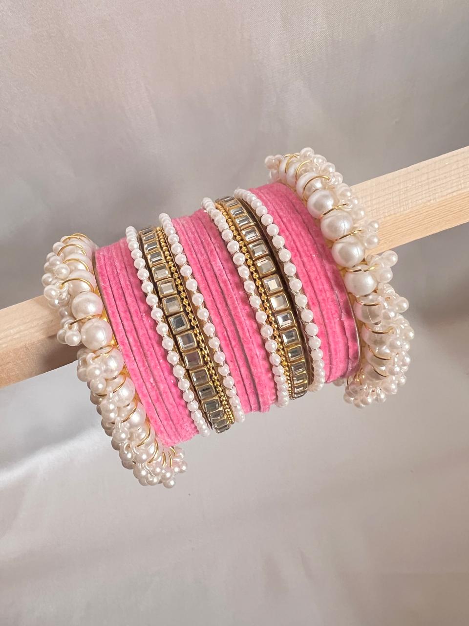 Light Pink Pearl Radiance Metal Bangle Set