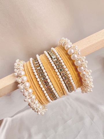 Beige Pearl Radiance Metal Bangle Set