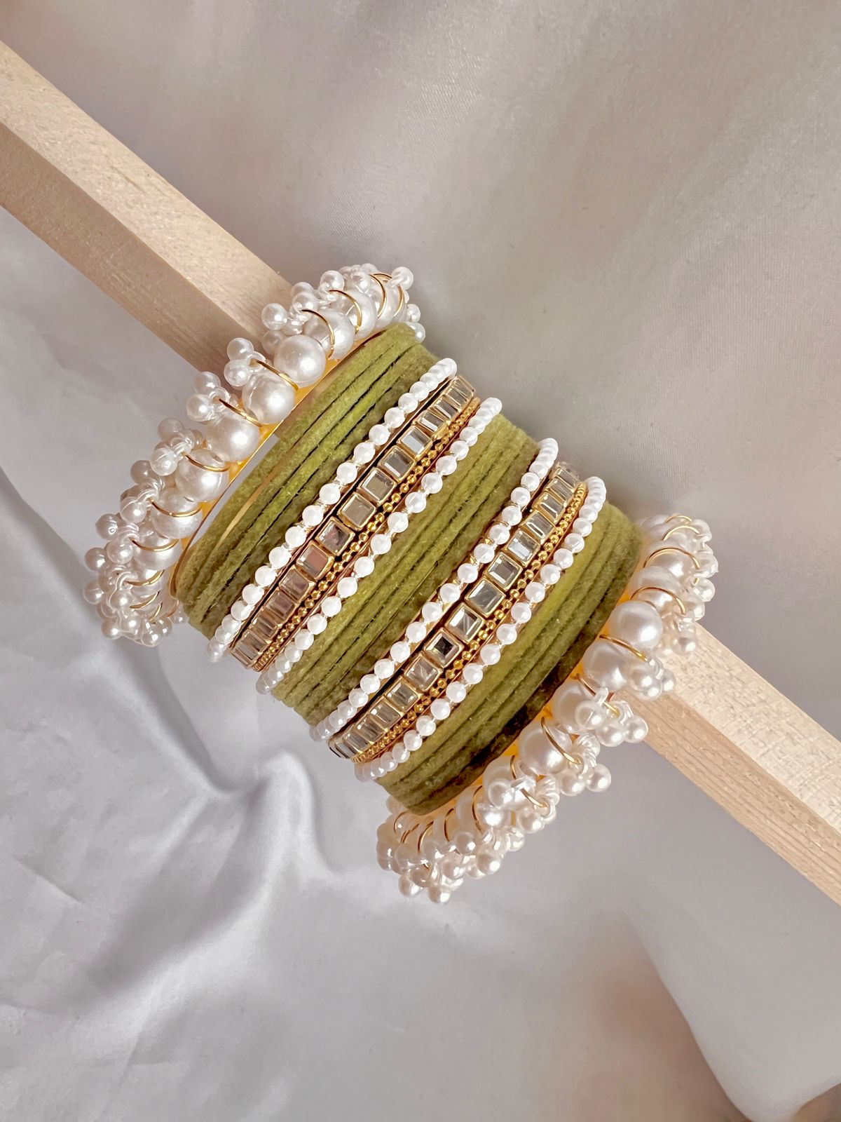 Olive green Pearl Radiance Bangle Set