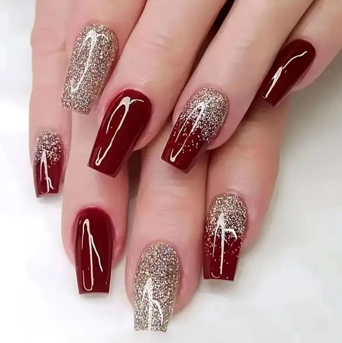 Golden Glitter Burgundy Nails Set