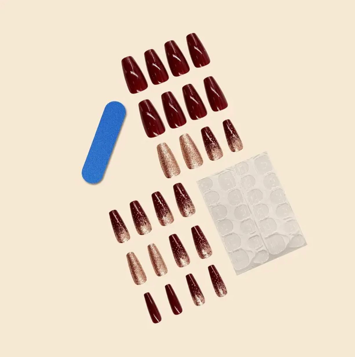 Golden Glitter Burgundy Nails Set