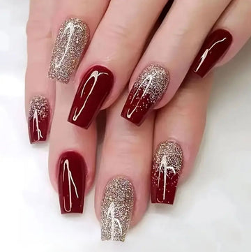 Golden Glitter Burgundy Nails Set
