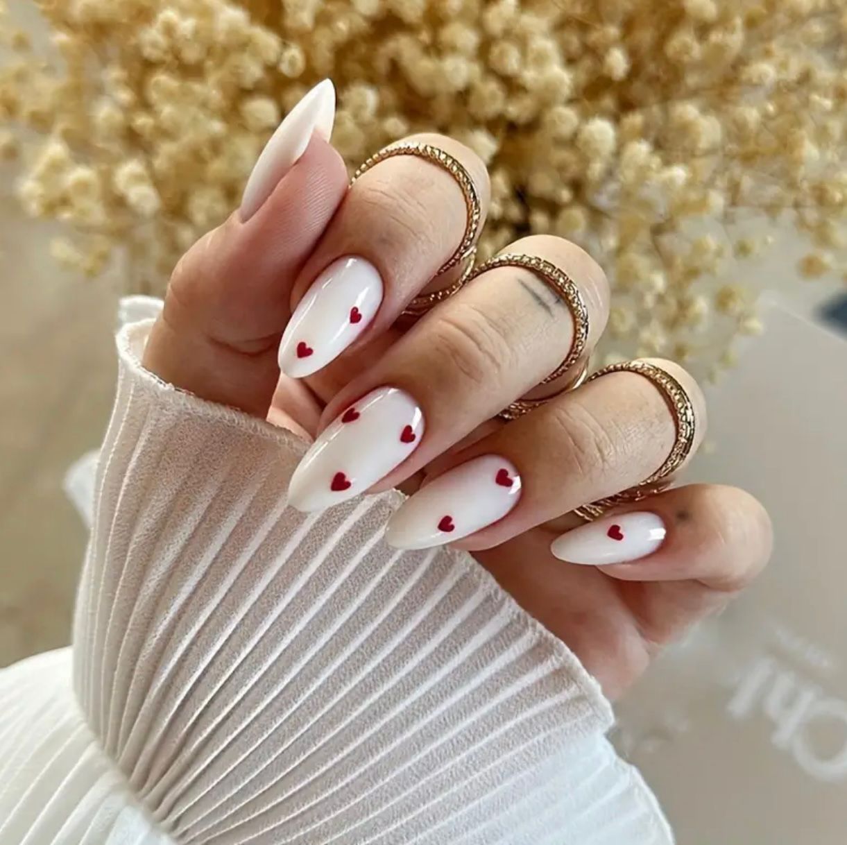 Festive Red Heart White Nails Set