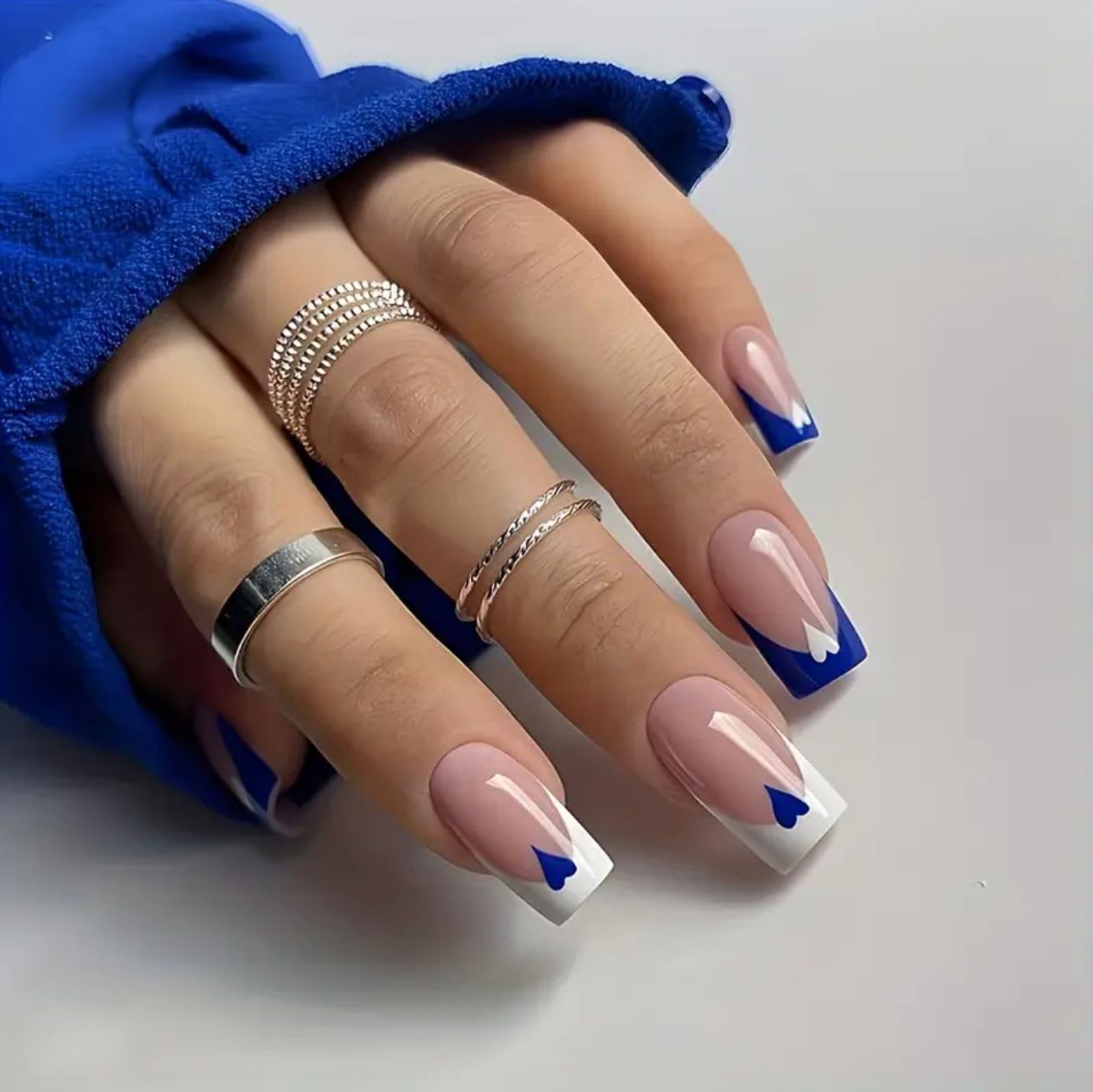 Blue French Heart Nails Set 24 Pcs