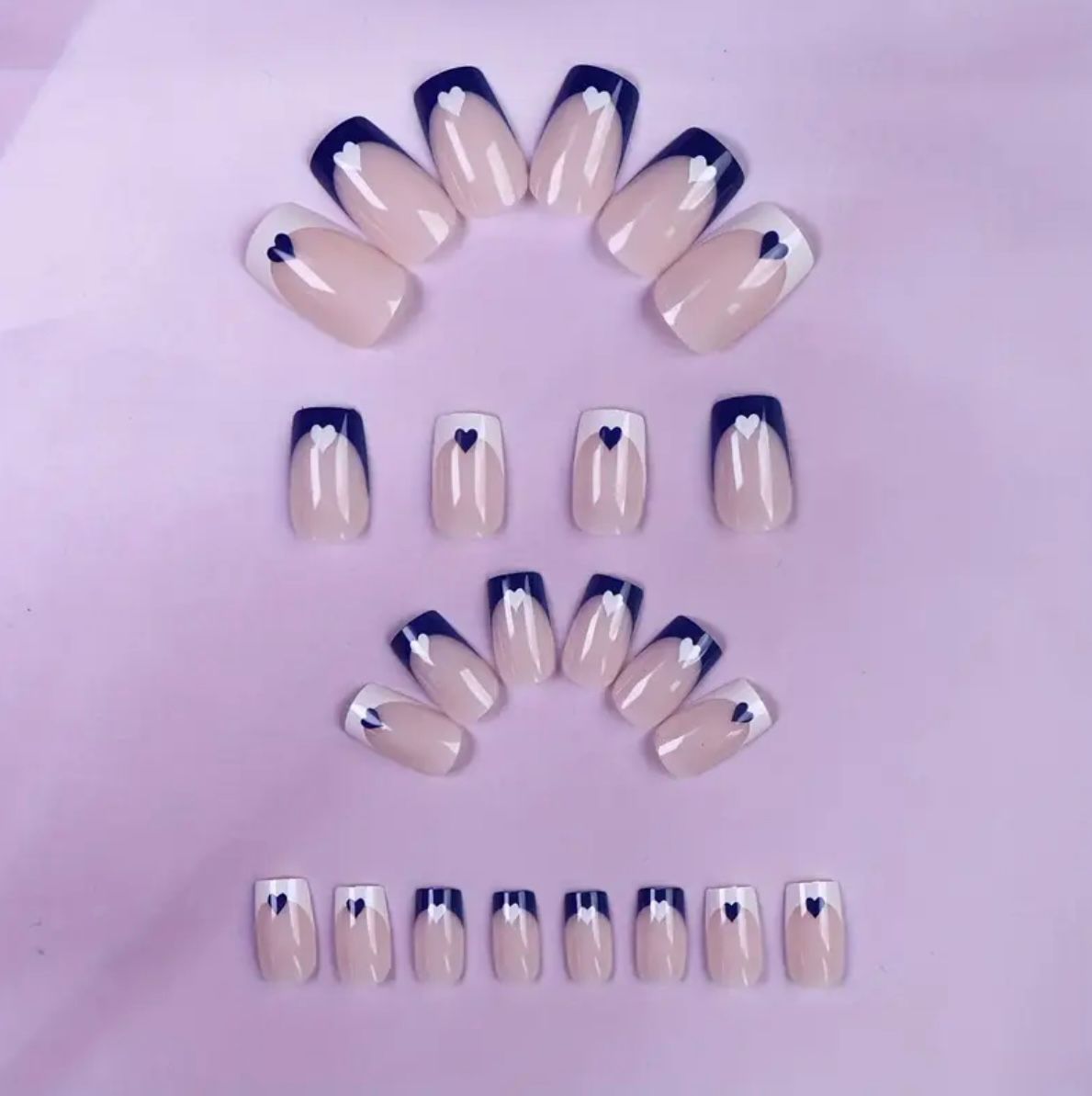 Blue French Heart Nails Set 24 Pcs