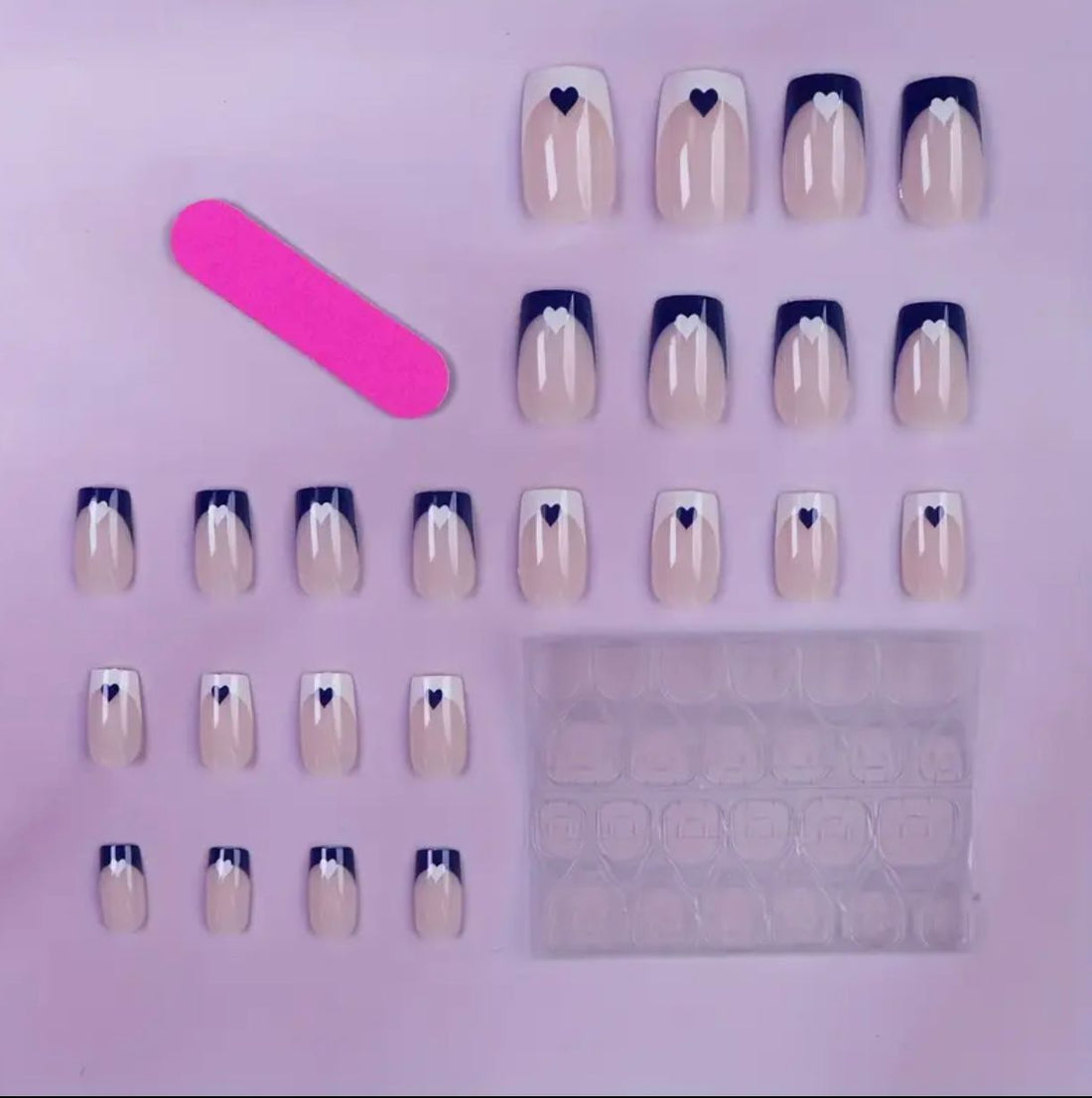 Blue French Heart Nails Set 24 Pcs