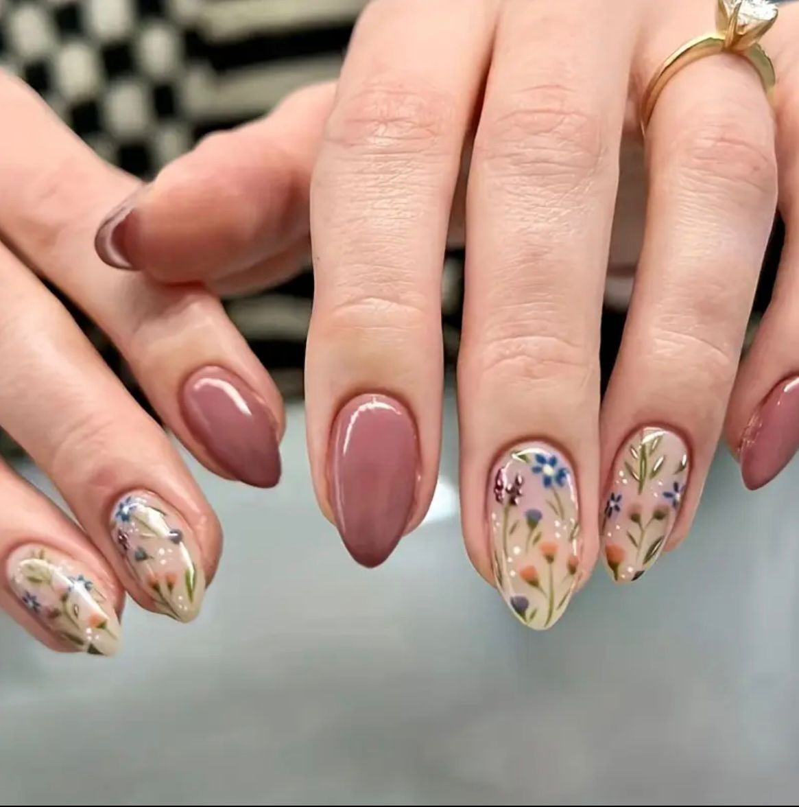 Floral Pink Almond 24 Pcs Nails Set