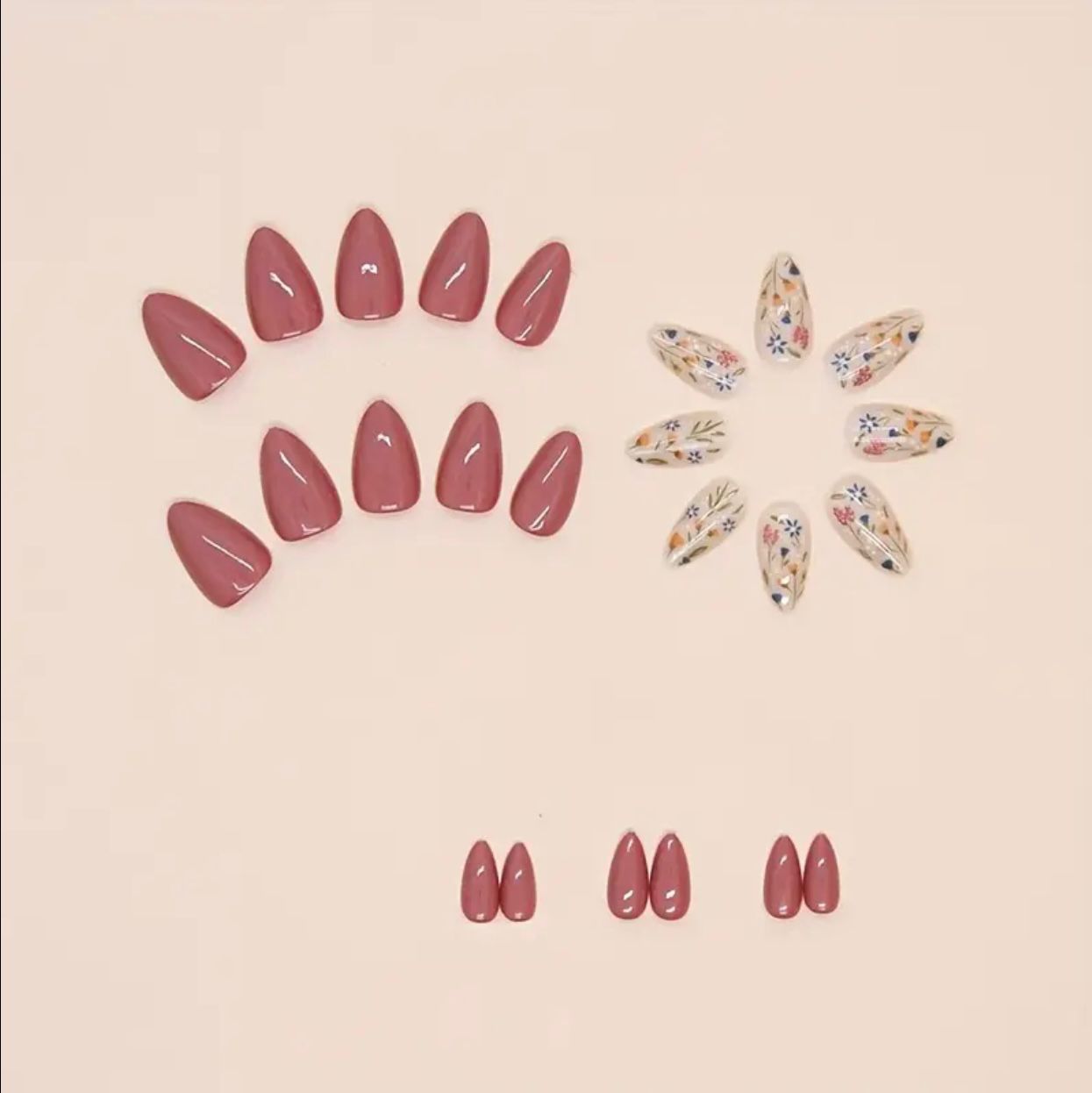 Floral Pink Almond 24 Pcs Nails Set