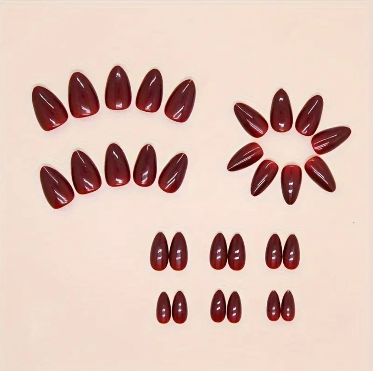 Wine Red Almond Shape 24 Pcs Nails Set